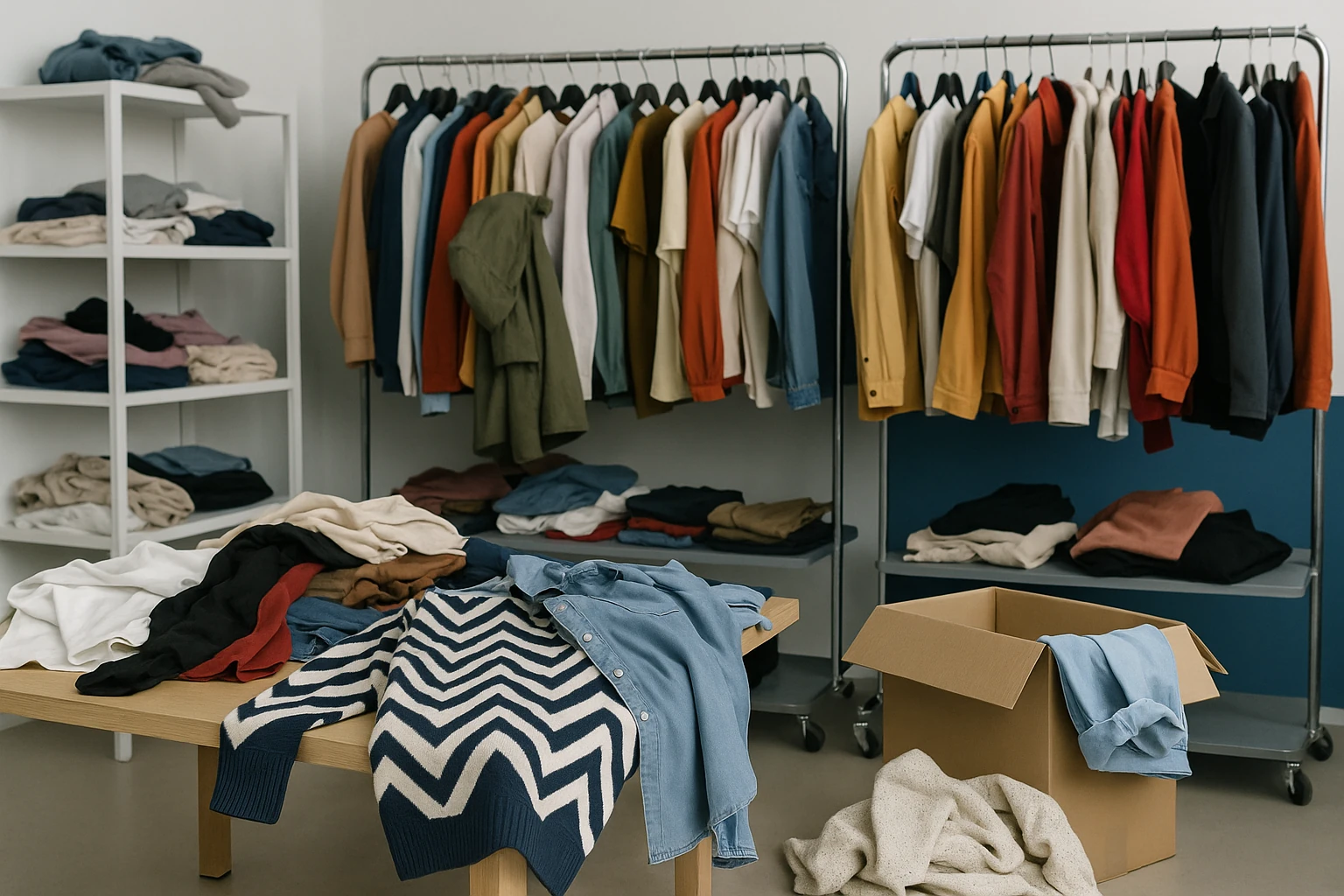 Capi di abbigliamento in stock disposti su stand, scaffali e tavoli in modo caotico