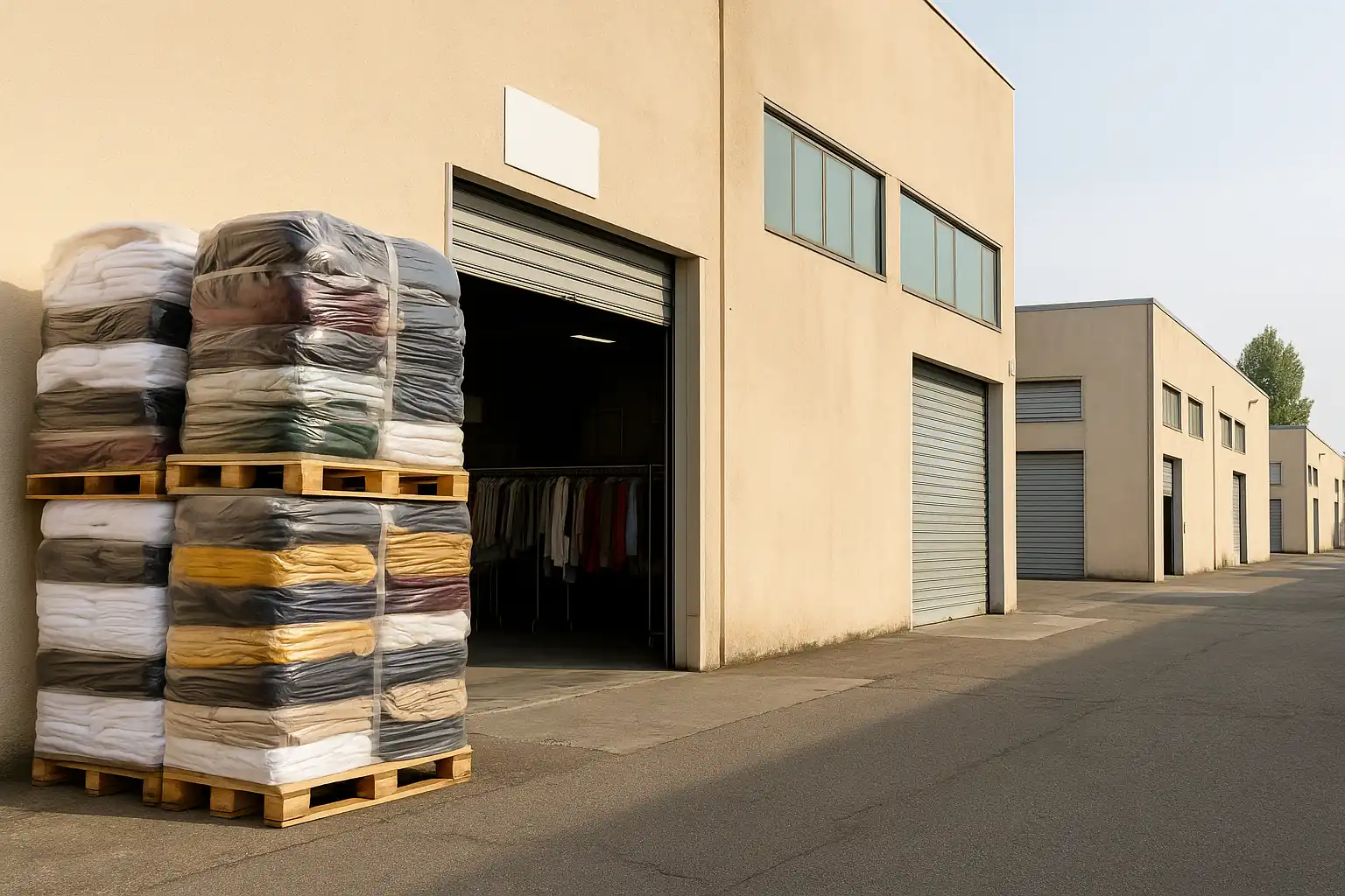 Ho merce in stock. Magazzino di abbigliamento nel distretto del Macrolotto di Prato, centro del pronto moda italiano