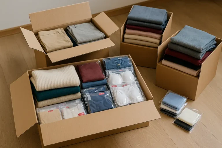 Scatoloni aperti con capi piegati ordinatamente pronti per la valutazione dello stock