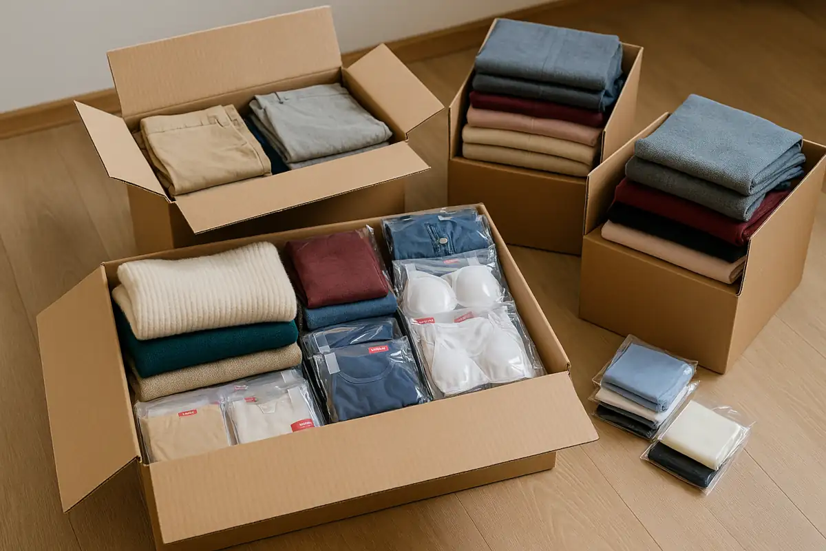 Scatoloni aperti con capi piegati ordinatamente pronti per la valutazione dello stock