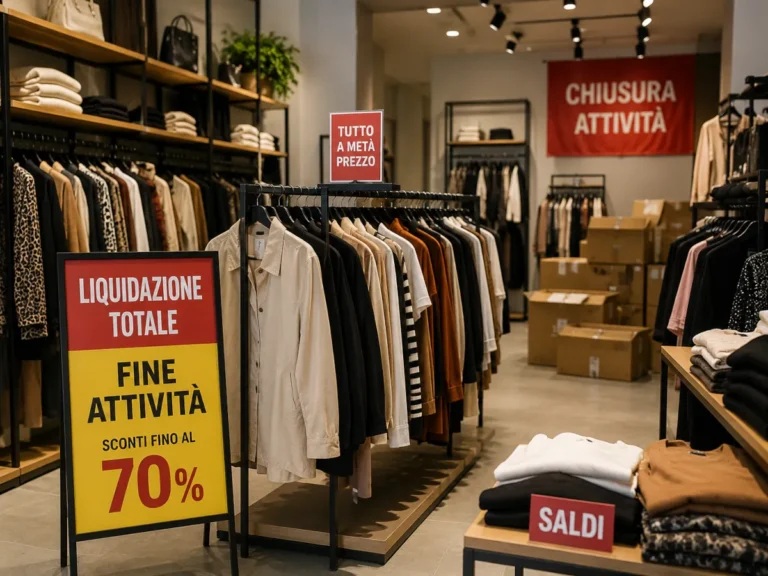 Negozio di abbigliamento con merce residua durante una cessazione di attività ad Ancona