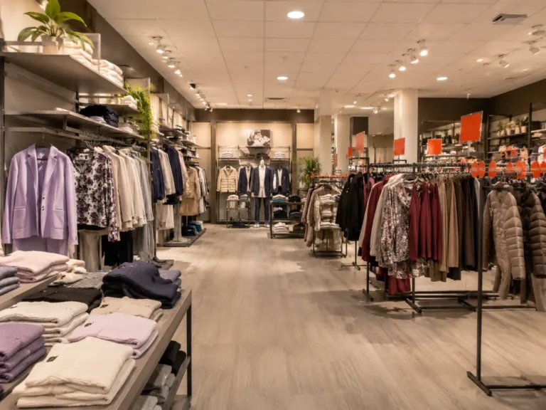 Negozio di abbigliamento donna pronto moda con nuova collezione e area saldi durante la gestione delle rimanenze di magazzino