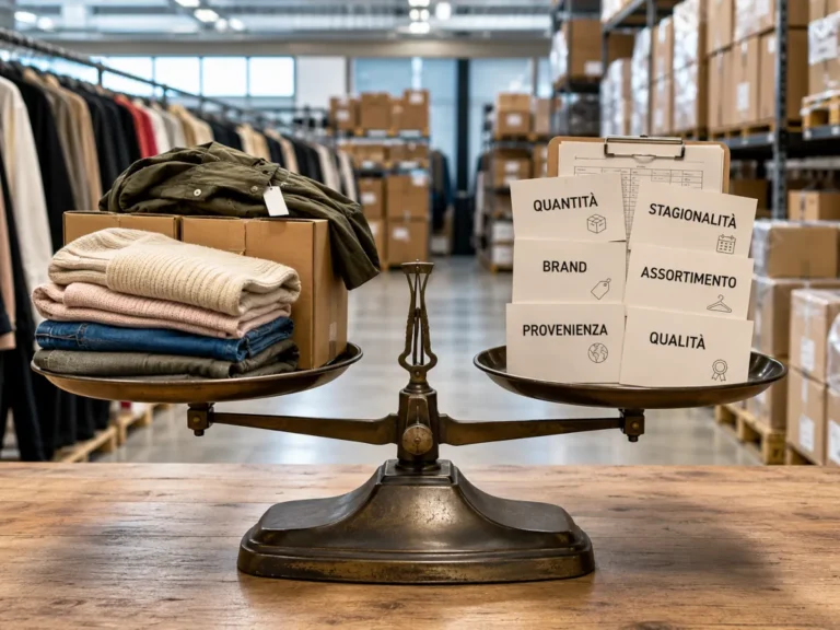 Bilancia utilizzata per rappresentare la valutazione di uno stock di abbigliamento in base a quantità, stagionalità, assortimento, brand e qualità della merce.